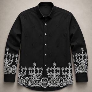 Flower Embroidery Full Shirt Black