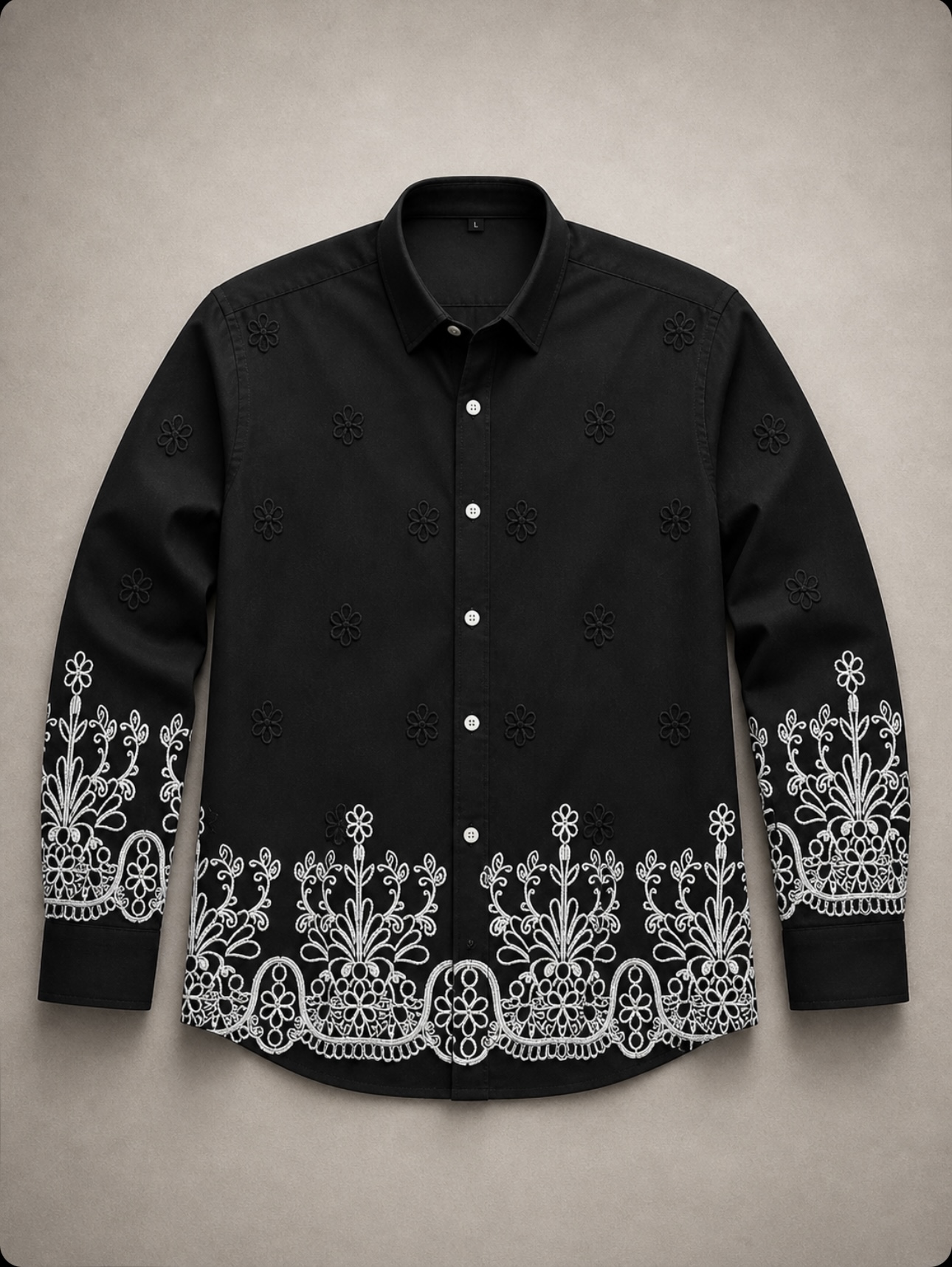 Flower Embroidery Full Shirt Black