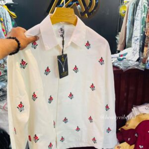 Flower Embroidery Full Shirt White
