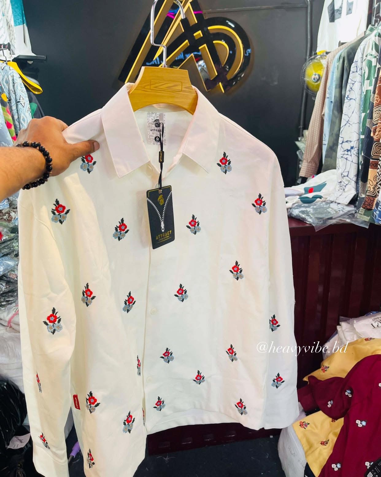 Flower Embroidery Full Shirt White